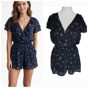 Black umbrella print shorts romper Women's size large by Blashe